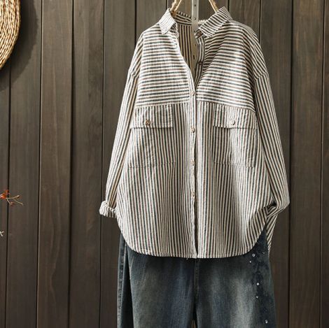 Cotton Linen Striped Shirt Long Sleeve