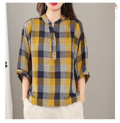 Plaid V-neck Elbow Sleeve Tunic Tops
