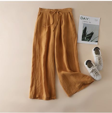 Linen Wide Leg Long Pants With Rope