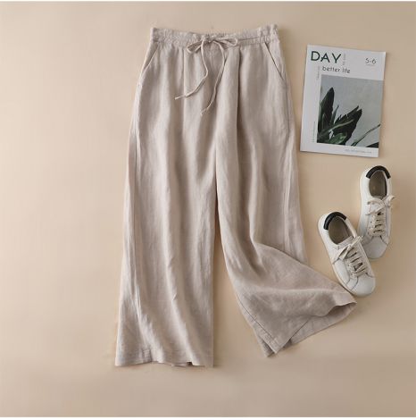 Linen Wide Leg Long Pants With Rope