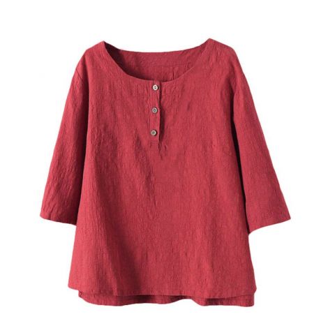 Women's 3/4 Sleeve Cotton Linen Jacquard Blouses Top T-Shirt