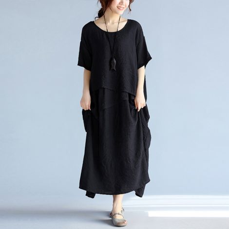Summer new literary fashion cotton linen short sleeve long dress