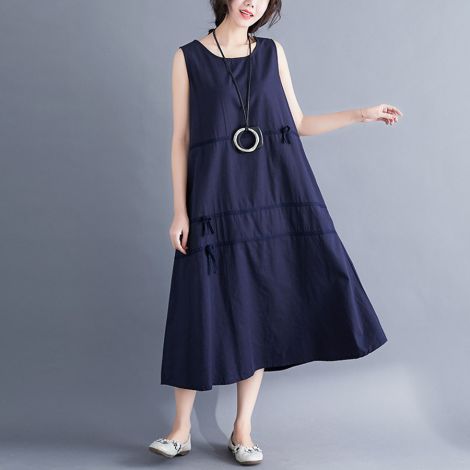 Summer new large size women's collage bow cotton linen dress vest dress women