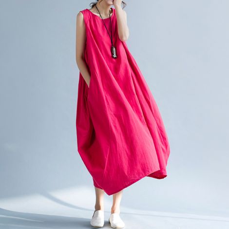 Women's cotton linen vest sleeveless dress long dress