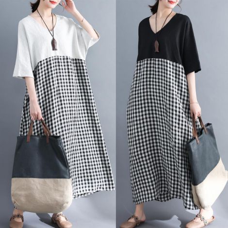 New summer v-neck women's cotton linen dress