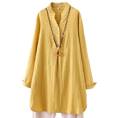 Women's Cotton Half Button Blouse Long Sleeve Loose Tunic Dress 
